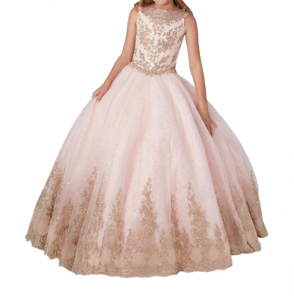 NEW TIFFANY DESIGNS sparkling lace ball gown in blush/gold